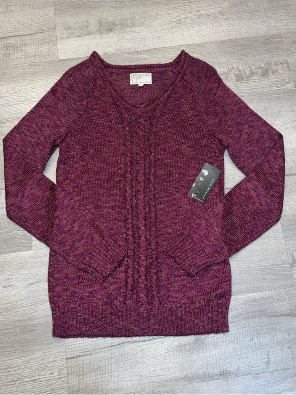 Debbie Morgan Marled Raspberry Cable-Front V-Neck Sweater Size L NWT